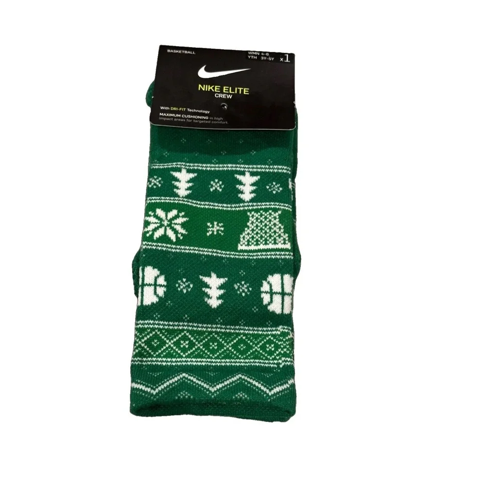 Nike Elite Green Crew Polyester Cushion Holiday Basketball Socks SZ - W4-6 /Y3-5